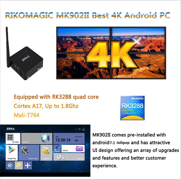 Android 7,1 ТВ приставка RKM MK902II RK3288 четырехъядерный Cortex A17 2G ram, 16G rom, 2,4G/5G wifi, 4 K, H.265, Digital Signage медиаплеер
