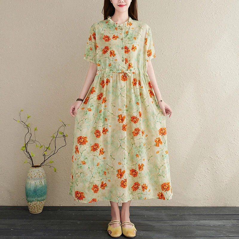 

2021 New Arrival Cotton Linen Draw String Women Summer Dress Print Floral Vintage Prairie Chic Dress Travel Casual Long Dress