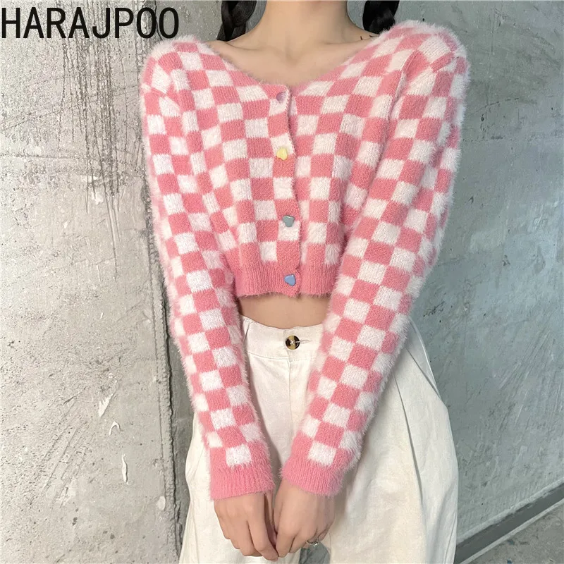 

Женский свитер HARAJPOO, новинка 2021, Весенняя корейская мода, ярко-розовый кавайный уличный кардиган в стиле INS, короткая трикотажная одежда
