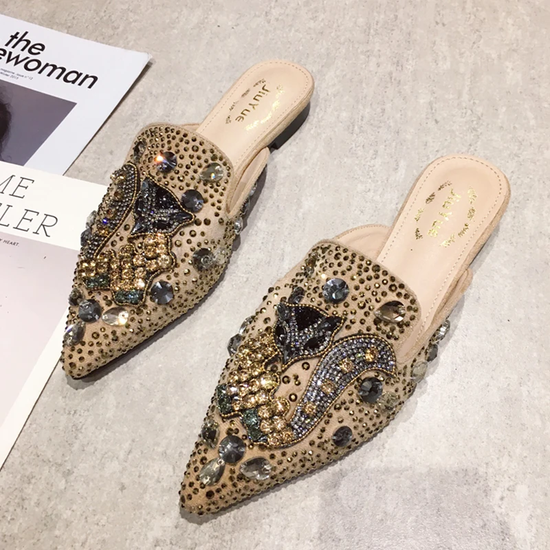 3Beige Модные шлепанцы без задника; женская обувь на плоской подошве; яркие стразы; женские летние Лоферы без шнуровки; Женская Роскошная Брендовая обувь - Цвет: 3Beige