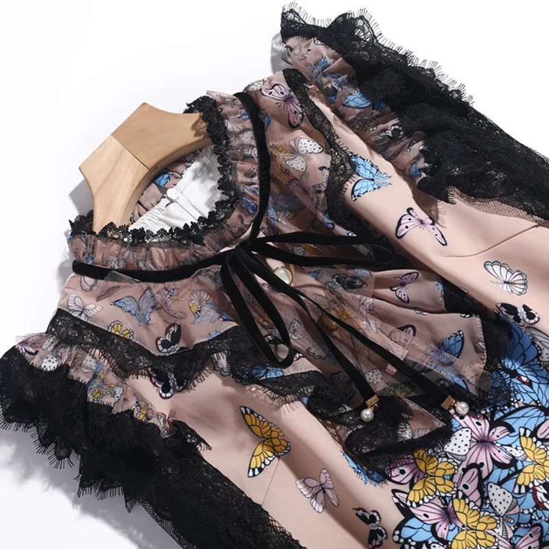 

Runway Fashion New Lace Long Sleeve Patchwork Cartoon Print Party Casual Vintage Elegant Chic Women'S Spring Mini Dress