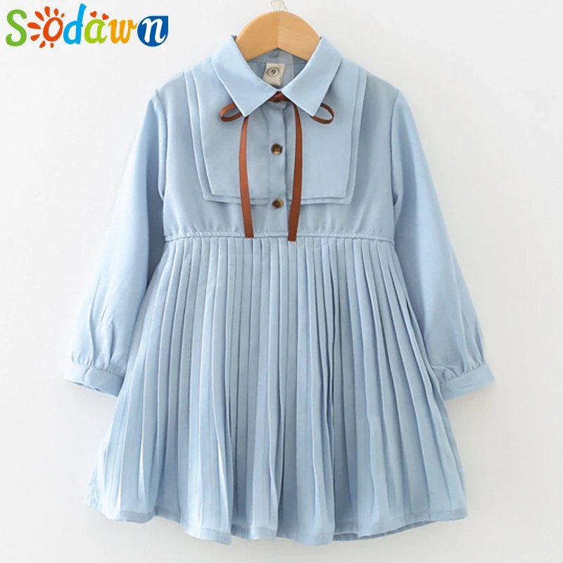 Детское плиссированное платье Sodawn принцессы с длинным рукавом и поясом на осень