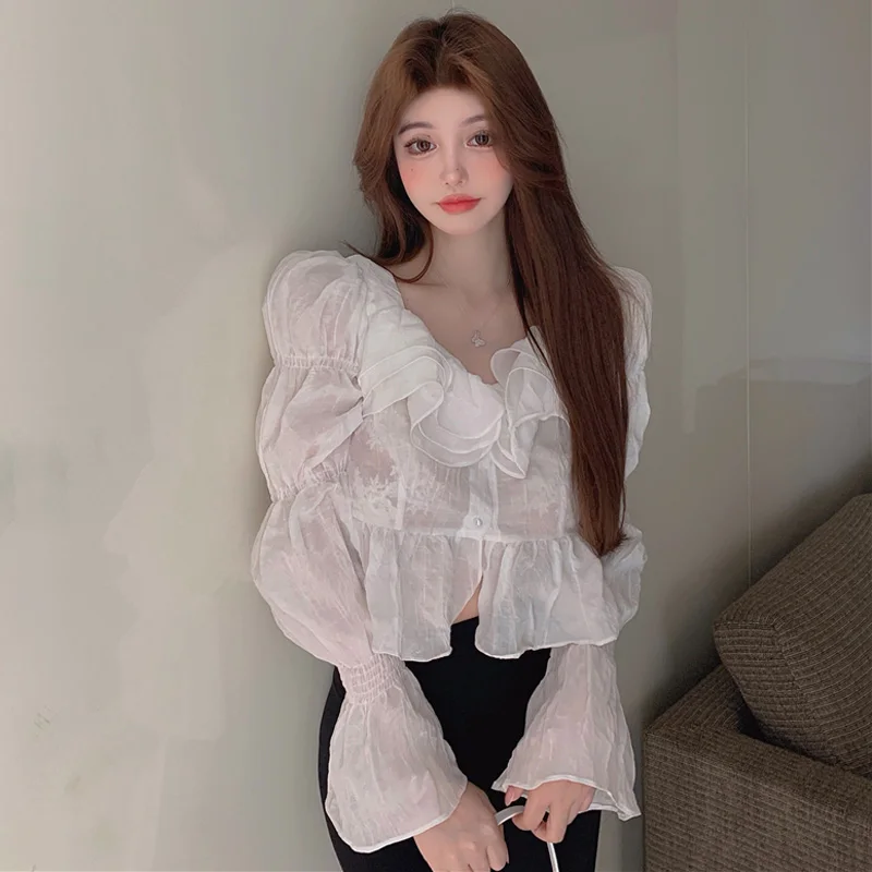 

2021 Early Autumn Sweet Ruffle See Through Shirts Flare Sleeve Loose Slim Fit All-match Fashion Top New Women's Clothing