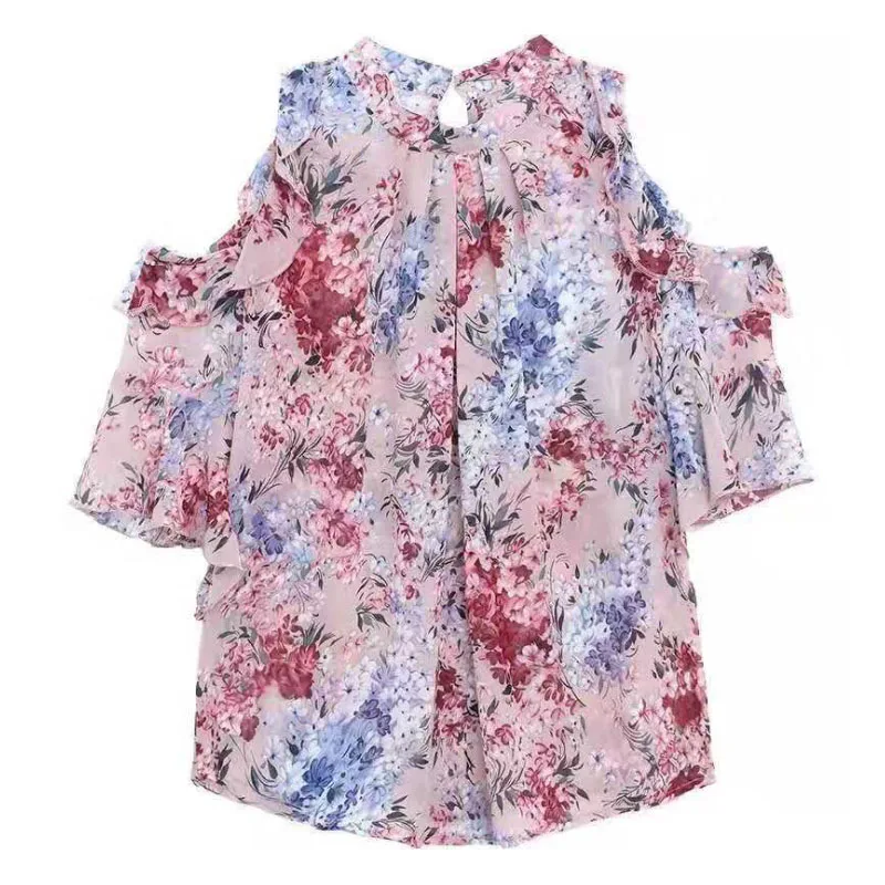 Женская ажурная блузка с цветочным принтом шифоновая рукавами бабочками и