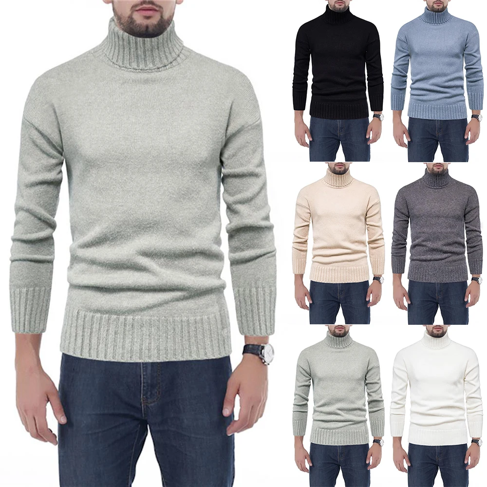 

Вязаные мужские свитера, зимние толстые облегающие пуловеры с высоким воротом, простой пуловер с длинным рукавом, джемпер, повседневные Теп...