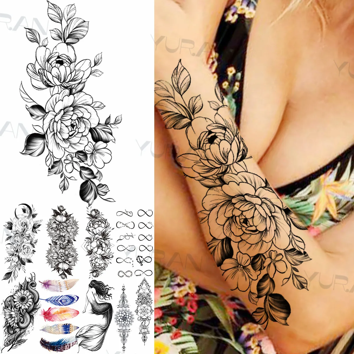 

Sexy Peony Flower Temporary Tattoo For Women Lady Moon Cross Infinity Mermaid Feather Fake Tato Washable Frontarm Tattoo Sticker