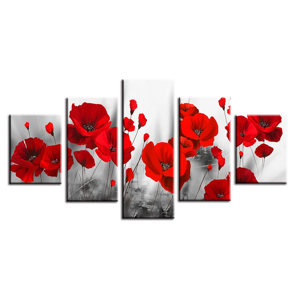 

Canvas Printed Pictures Living Room Wall Art Framework 5 Pieces Romantic Poppies Paintings Red Flowers Poster Modular Home Decor
