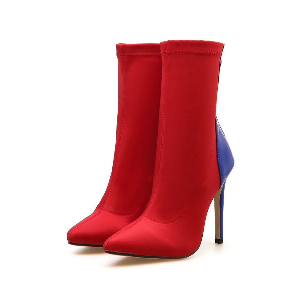 

Pointed elastic fabric color matching zipper thin super high heel boots large size 42