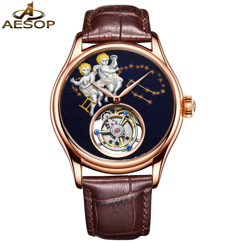 

AESOP Brand Luxury Rose Gold Automatic Watch Men Waterproof Fashion 3D GEMINI Tourbillon Mechanical Wristwatch Relogio Masculino