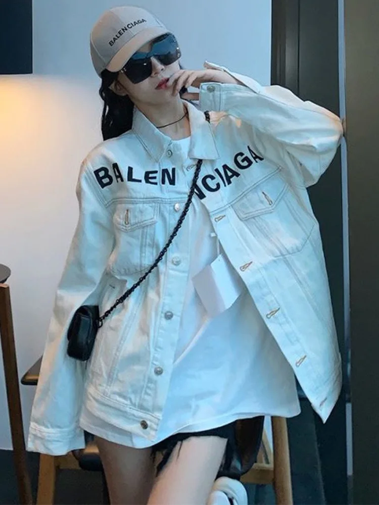 

2021 New Spring And Autumn Denim Jacket Korean Loose White Denim Long Sleeve Jacket Women's Top Bomber Jacket Women Streetwear