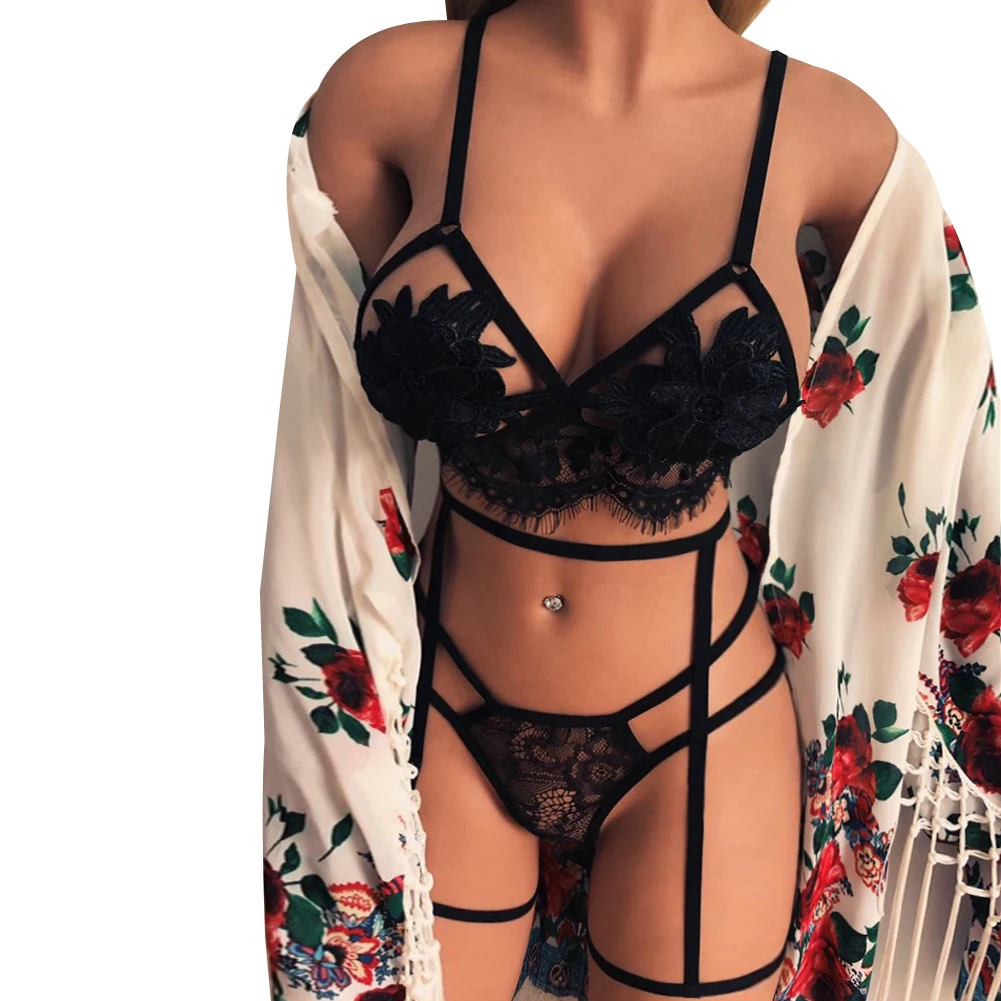 

Комплект женского сексуального нижнего белья из 2 предметов, регулируемый бюстгальтер на бретелях-спагетти с цветочной вышивкой + стринги