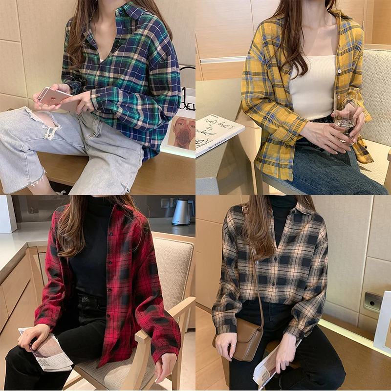 

M-2XL 5 Styles Classic Plaid Shirt Fall for Women Singer Breasted Long Sleeve Shirts for Women Casual Fashion Tops Women 2020
