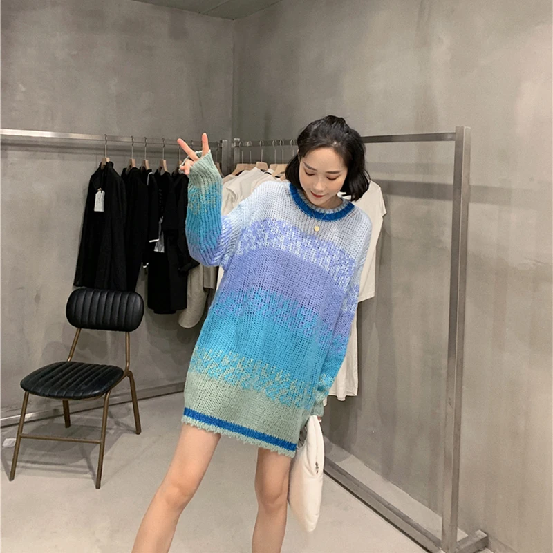 Женский свитер мохеровые вязаные пальто синий язычковый ленивый стиль зимняя