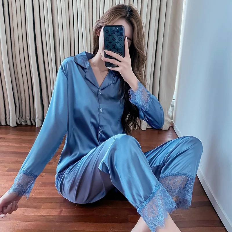 Spring Autumn New Lace Ice Silk Nightwear Solid Color Nightgown Long Sleeve Pajamas Sets Sweet Comfortable Home Wear Sleepwear