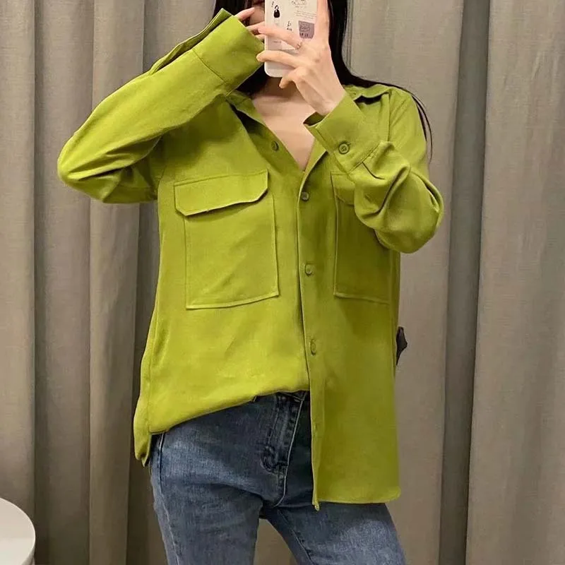 

Za Women 2021 Fashion Loose Asymmetry Poplin Blouses Vintage Long Sleeve Button-up Pockets Female Shirts Blusas Chic Tops