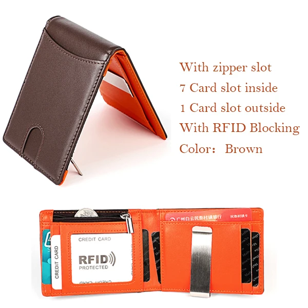 Brown zipper slot Тонкий кошелек ультра тонкий зажим для денег из натуральной кожи мужской короткий мини-кошелек RFID блокирующий кошелек WOLFDEER - Цвет: Brown zipper slot