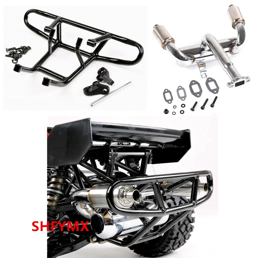 Buggy Rc Nitro Engine Double Pipe Exhaust Muffler & Rear Bumper For 1/5 Scale Remote Control Car Hpi Racing Bajas5B 5T SC Rc Car