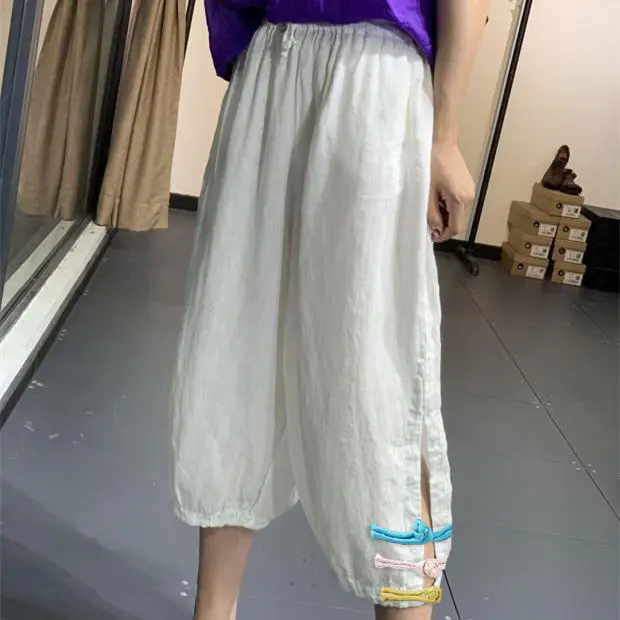 

Spring and summer light cotton and hemp casual pants large size breathable bloomers retro women's buckle elastic waist Leggings