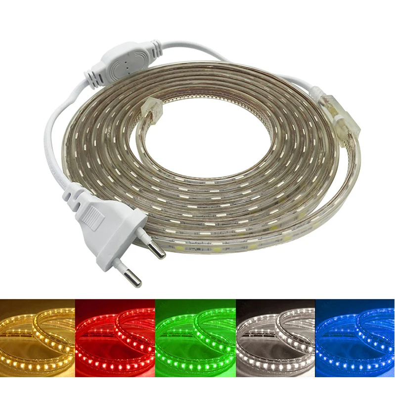 SMD 5050 AC220V Светодиодные ленты гибкий светильник 60 светодиодный s/m Водонепроницаемый светодиодный лента светодиодный светильник с Мощность штекер Адаптер длиной 1 м/2 м/3M/5 M/6 M/8 м/9 м/10 м/15 м/20 м