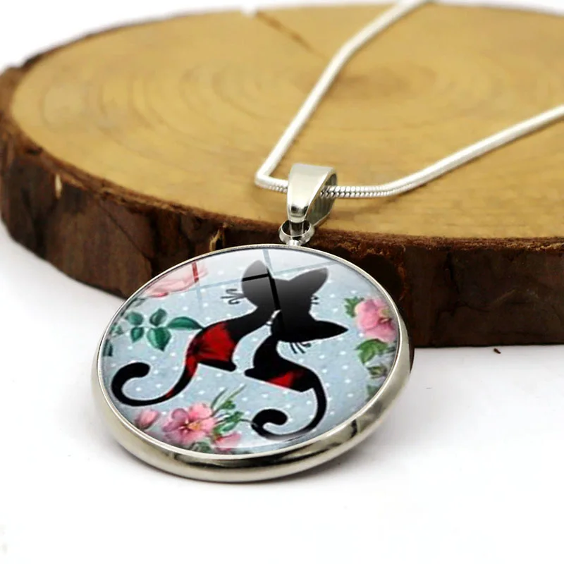 Классическое ожерелье-цепочка из нержавеющей стали с кабошоном в виде кота |