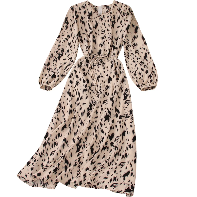 

LY VAREY LIN Spring Autumn Women Vintage Leopard O-neck Dresses Fashion Lady Puff Sleeve Lace-up High Waist A-line Long Dresses
