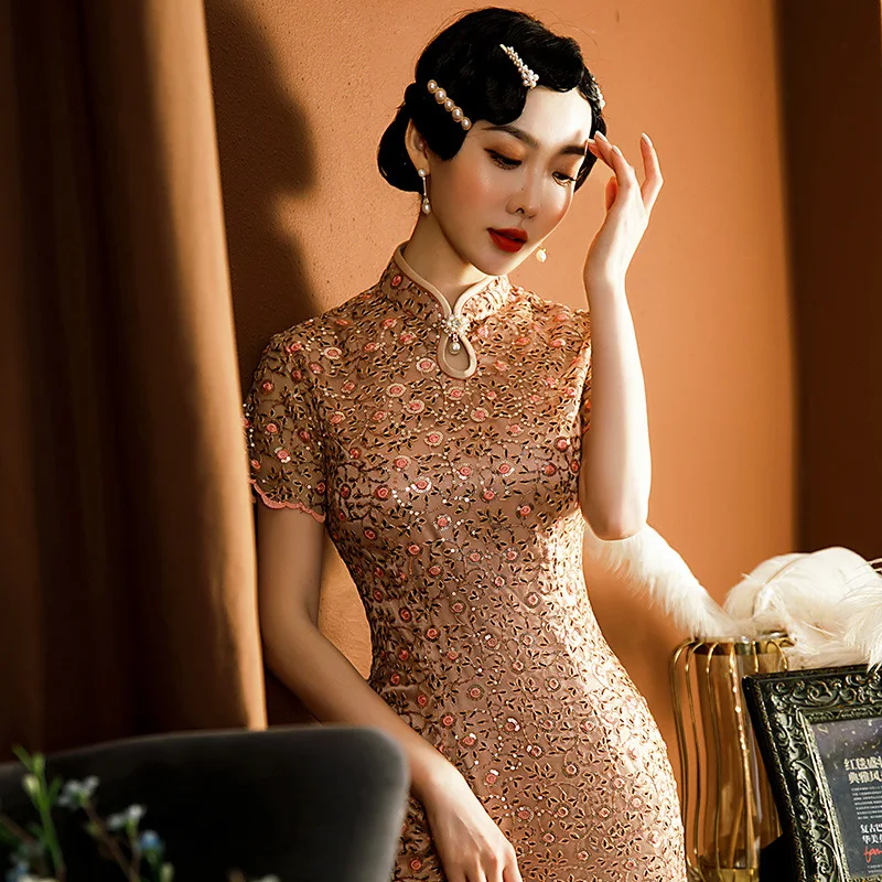 Кружевное атласное платье-Ципао большого размера с цветочной вышивкой |