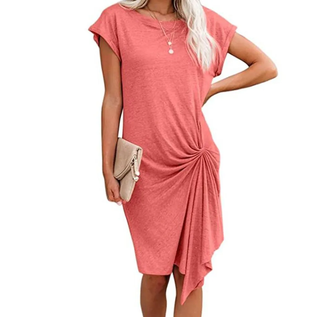 

Women Dress Solid Color Round Neck Short Sleeve Folds Irregular Loose Dress Fashion Casual Vestido Feminino