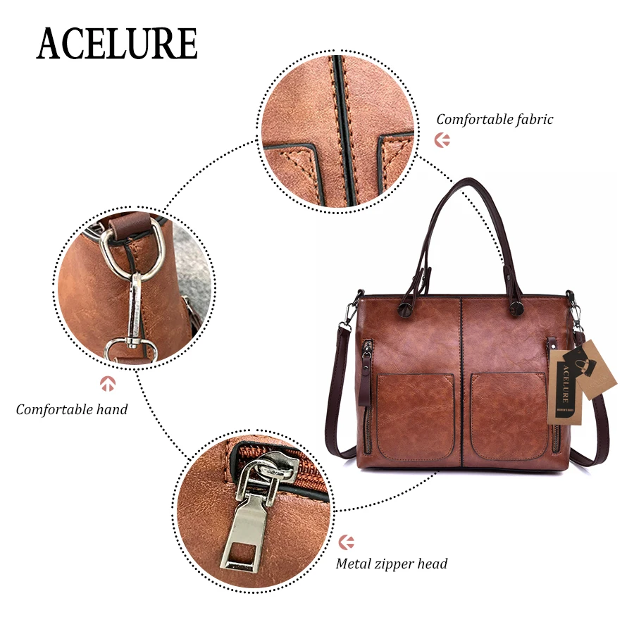 ACELURE, одноцветные, мягкие, из искусственной кожи, женские сумки, для девушек, Ретро стиль, модная сумка на плечо, вместительные сумки-тоут, повседневные сумки через плечо