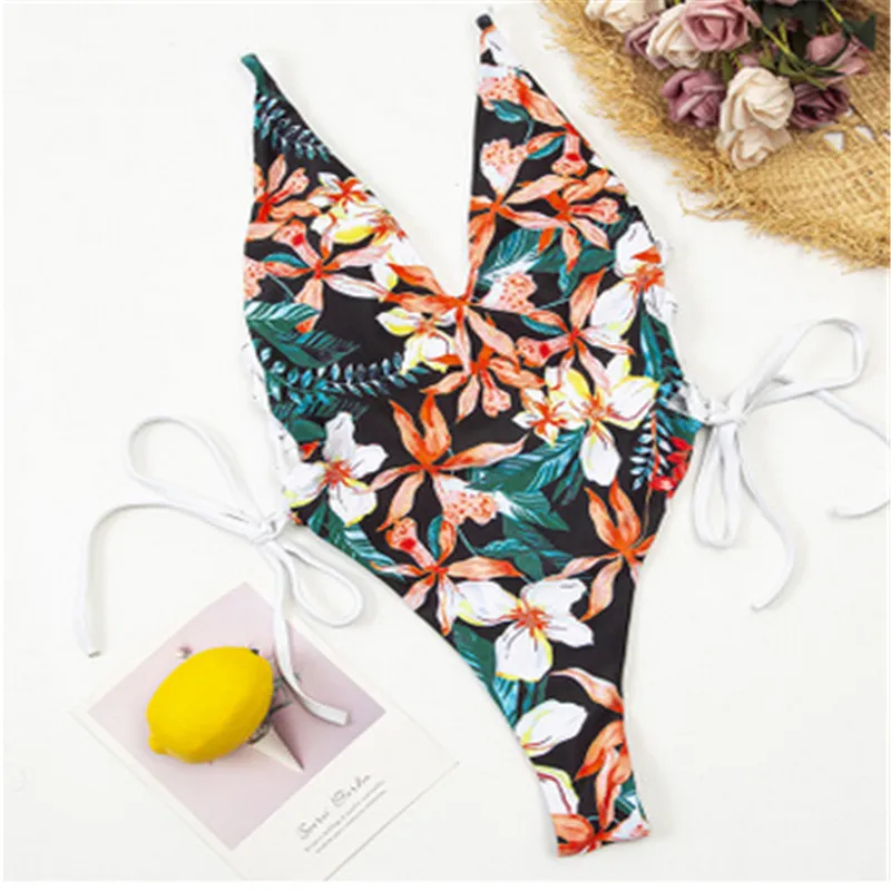 

Women's Printed Swimsuit, Deep V-Neck Side Bandage Sling Swimwear for Beach/Swimming