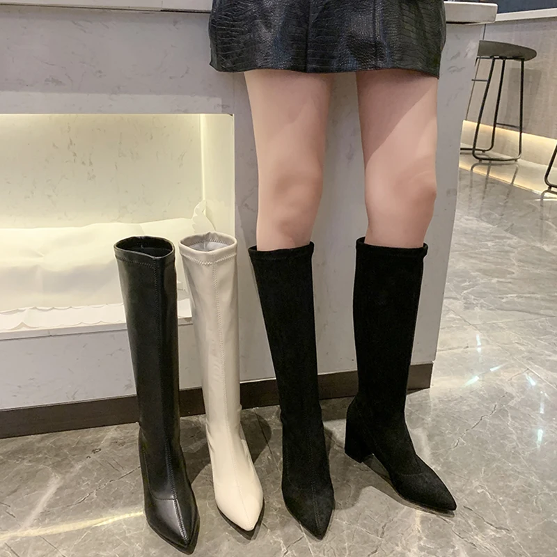 

Женские резиновые ботинки, остроносые ботинки, зимняя обувь с круглым носком, женские привлекательные ботинки до бедра на высоком каблуке, ...