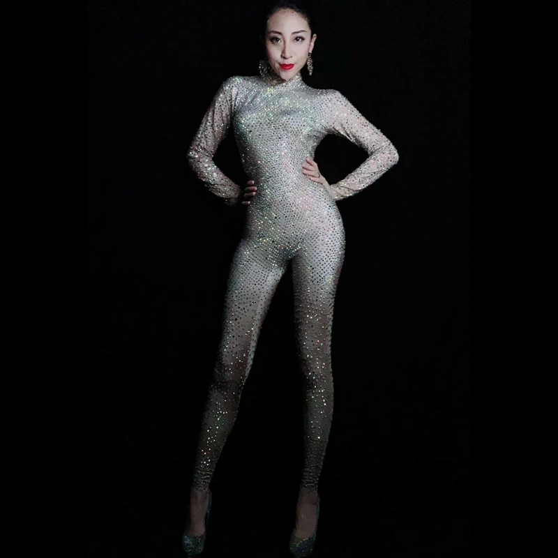 

New Shining Full Rhinestones Jumpsuit Women Birthday Party Outfit Female Shinny Rompers Stage Wear Dance Wear Nightclub Outfits