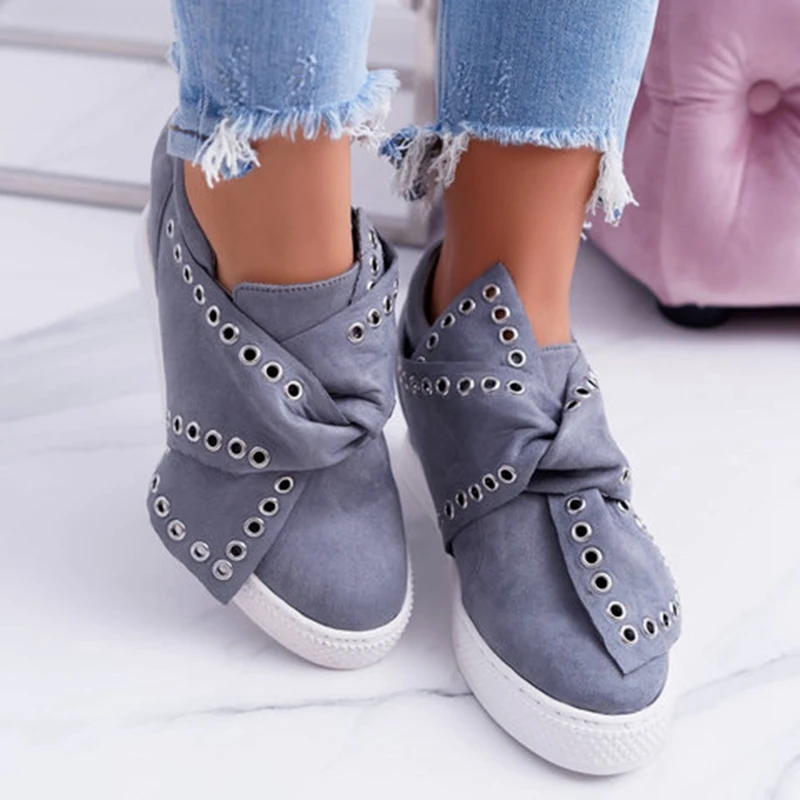 gray Casual Flat Plus Size Women Sneakers Ladies Suede Bow Tie Slip On Vulcanized Shoes Female Increase in Flats Footwear - Цвет: gray