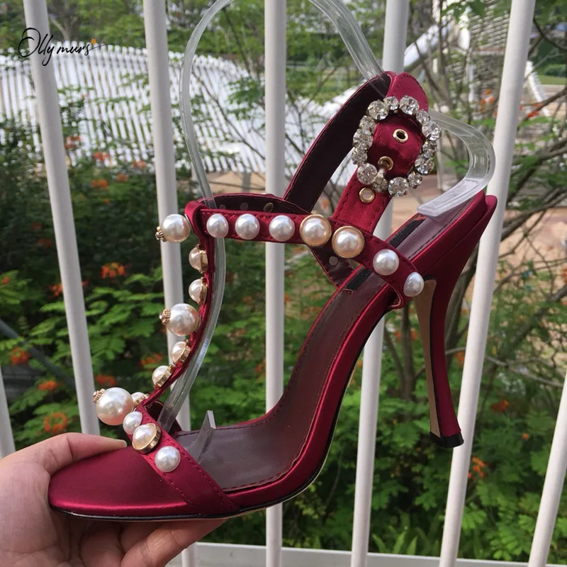 

OllyMurs Black Red Real Silk Women Summer Sandals Open Toe Pearls Crystal Buckle Strap Thin High Heel Ladies Sandals Shoes Woman
