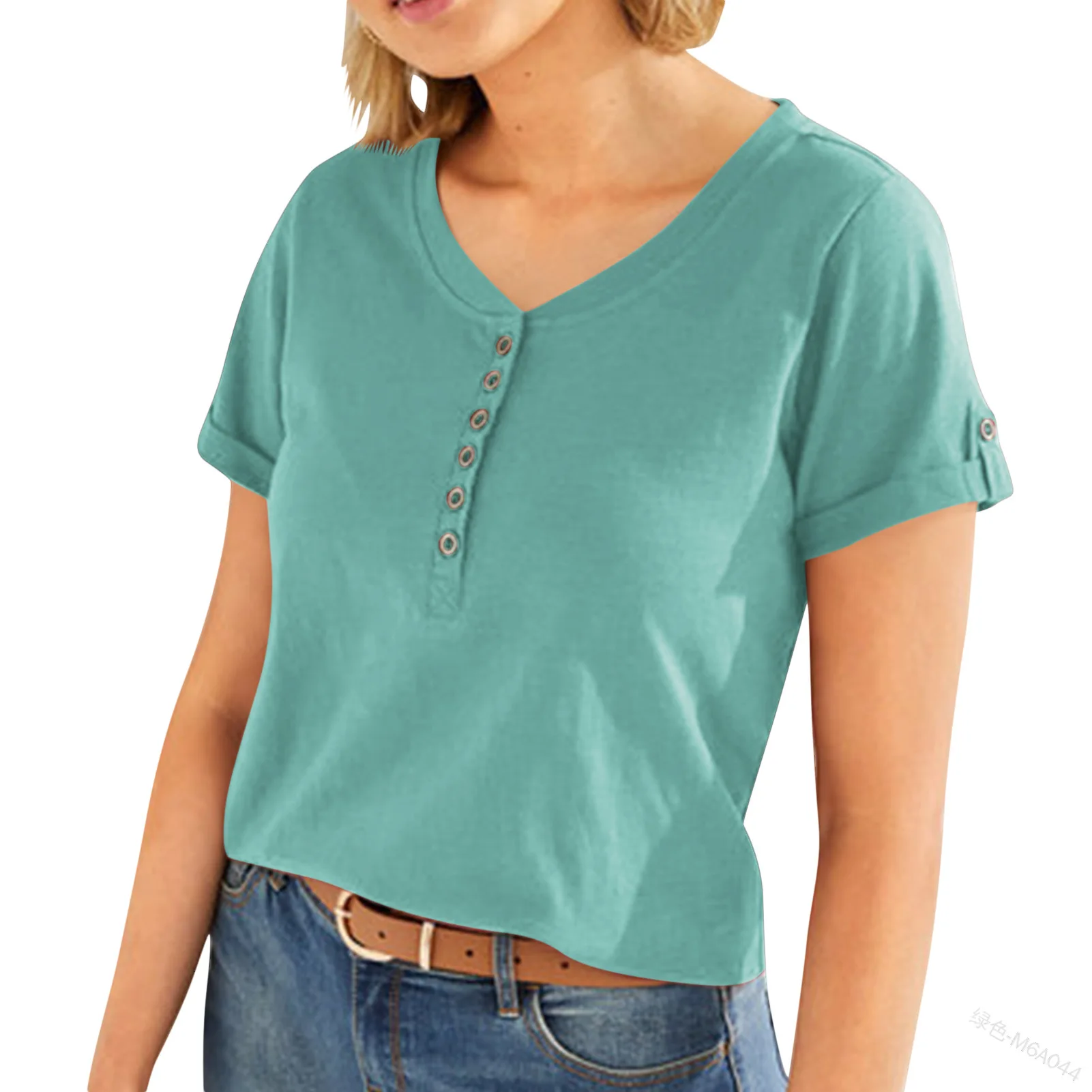

Women Short-sleeved Blouse Button Decoration Round Neck Self-cultivation Bottoming Solid Color Basic All-match Commuter T-shirt