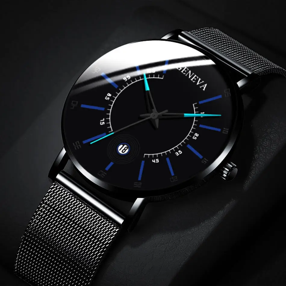 

Vintage sports style men's calendar stainless steel mesh with watch simple business casual watch male student watch couples