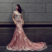 formal lace mermaid evening dresses cap sleeve vestidos de fiesta appliques beading belt party robe de soiree prom gowns 2020