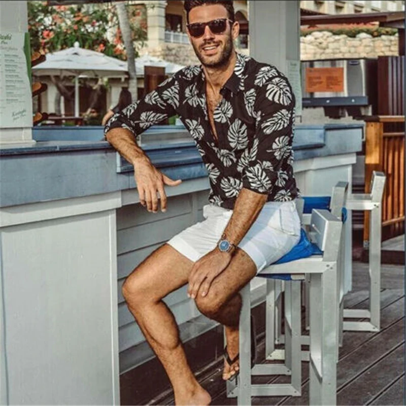 Мужская пляжная рубашка в клетку повседневная приталенная с длинными рукавами и