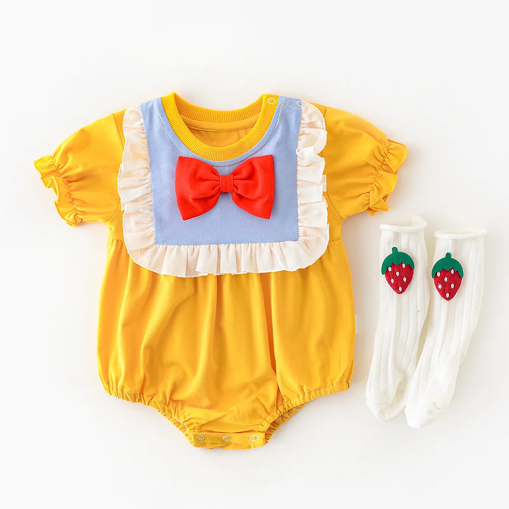 

Toddler Baby Girl Cotton Princess Style Short Sleeve Bodysuit Summer New Infant Girls Fashion Bow Decoration Newborn Clothes