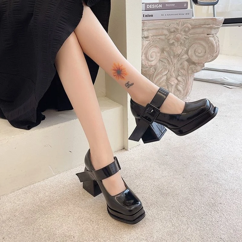 

Туфли женские на платформе и высоком каблуке, Туфли Мэри Джейн, французская Однослойная Пряжка, маленький квадратный носок, на толстом кабл...