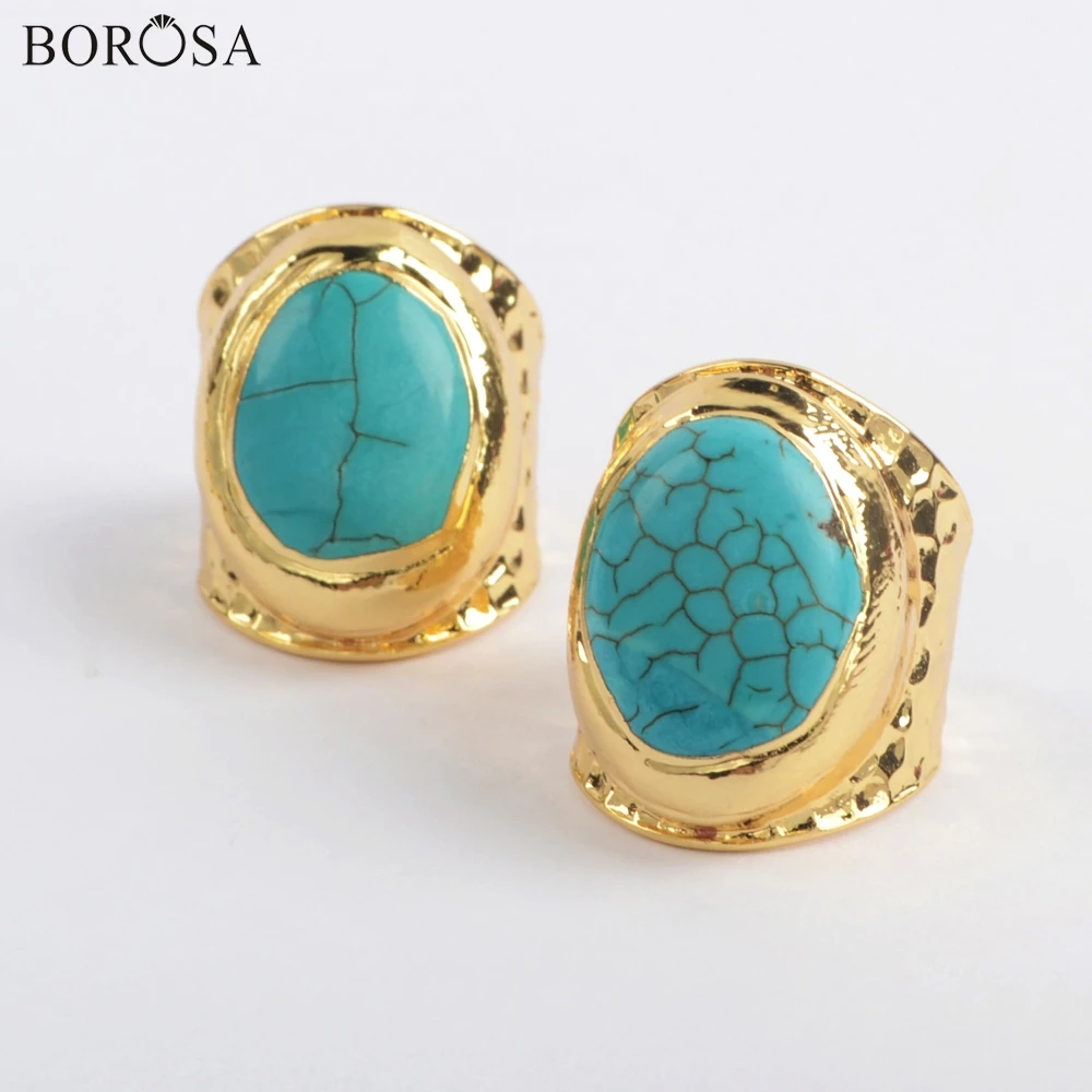 

BOROSA Turquoises Rings 10Pcs Gild Blue Howlites Women Rings Size:5~5.5 Boho Turquoises Gems Rings Jewelry for Women Gifts G1882