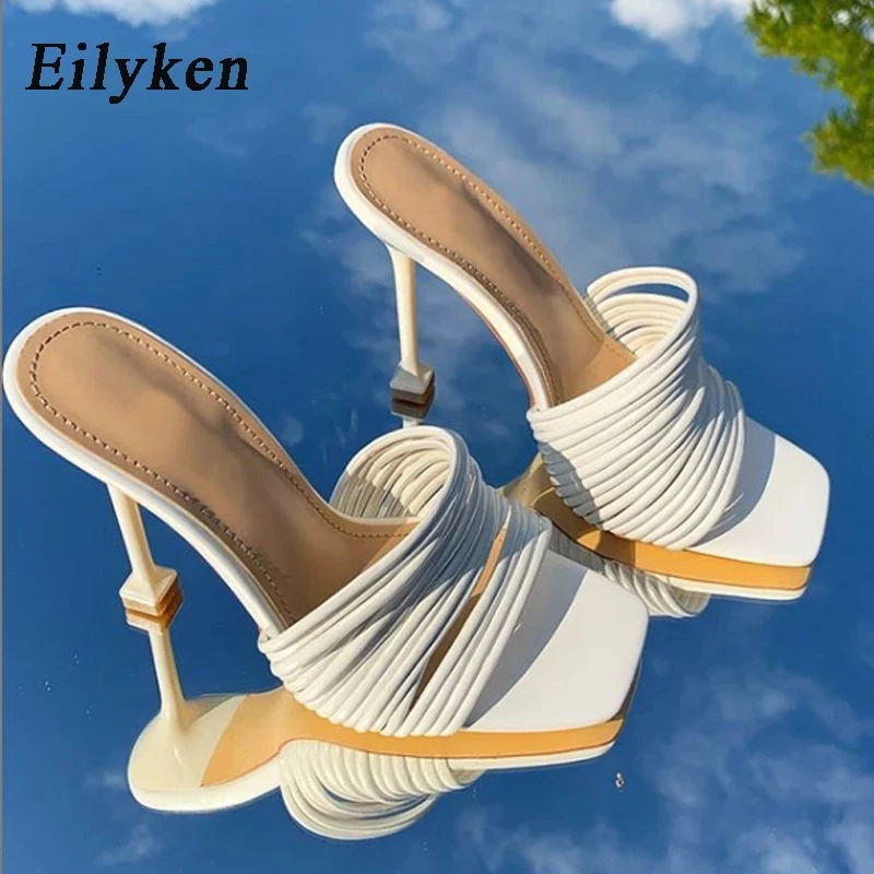 

Eilyken 2023 New Design Narrow Band Square Toe Womens Slipper Sandals Summer Sexy High Heel Ladies Rome Mules Slides Shoes