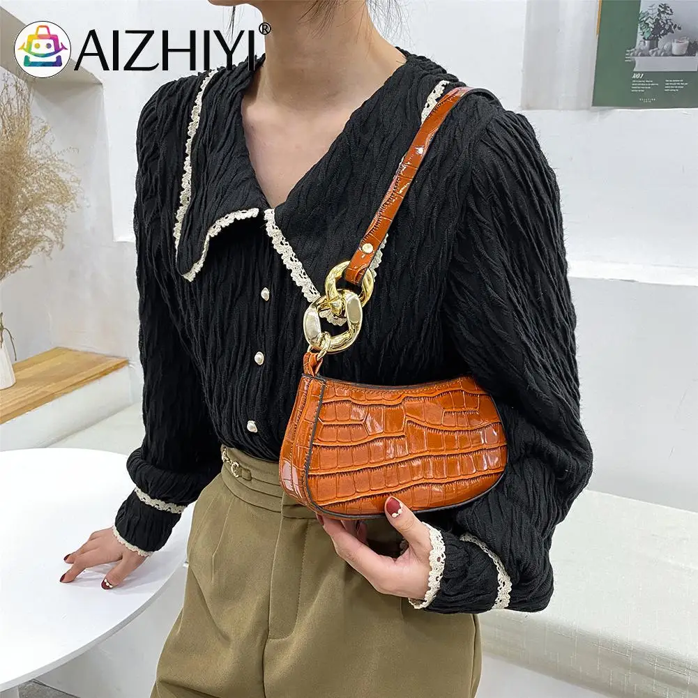 

Fashion Women Alligator Pattern PU Leather Pure Color Underarm Shoulder Bag Vintage Ladies Thick Chain Small Handbag Purse