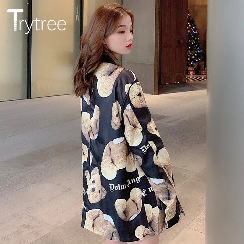 Trytree Женская Повседневная Блузка с отложным воротником однобортная Свободная