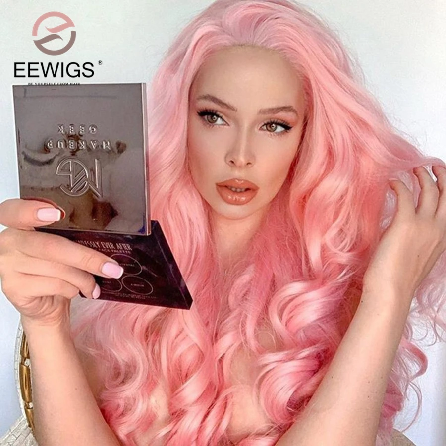 EEWIGS Glueless термостойкие волокна волос длинные волнистые синтетические кружева передний парик часть розовые парики для женщин Drag queen