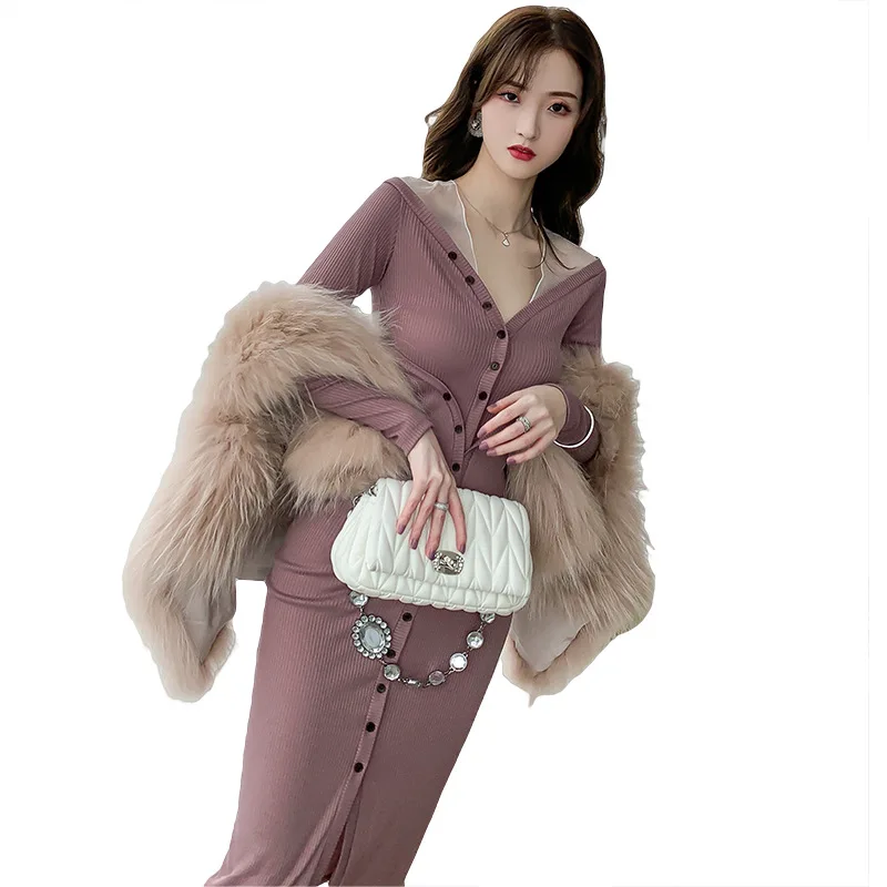 

French Knitted Waist Length Dress Yarn Splicing Dress and Transparent for Women with Slim Autumn and Winter Casual Full Sheath