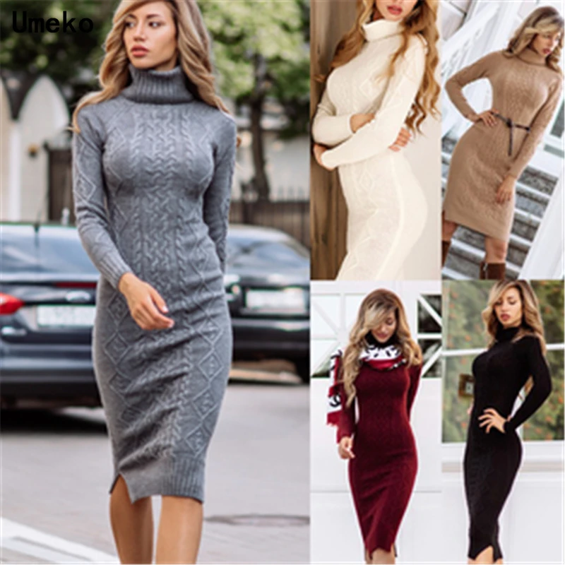 

2020 Women's Autumn Winter Sweater Knitted Turtleneck Dresses Slim Elastic Turtleneck Long Sleeve Sexy Lady Bodycon Robe Dresses