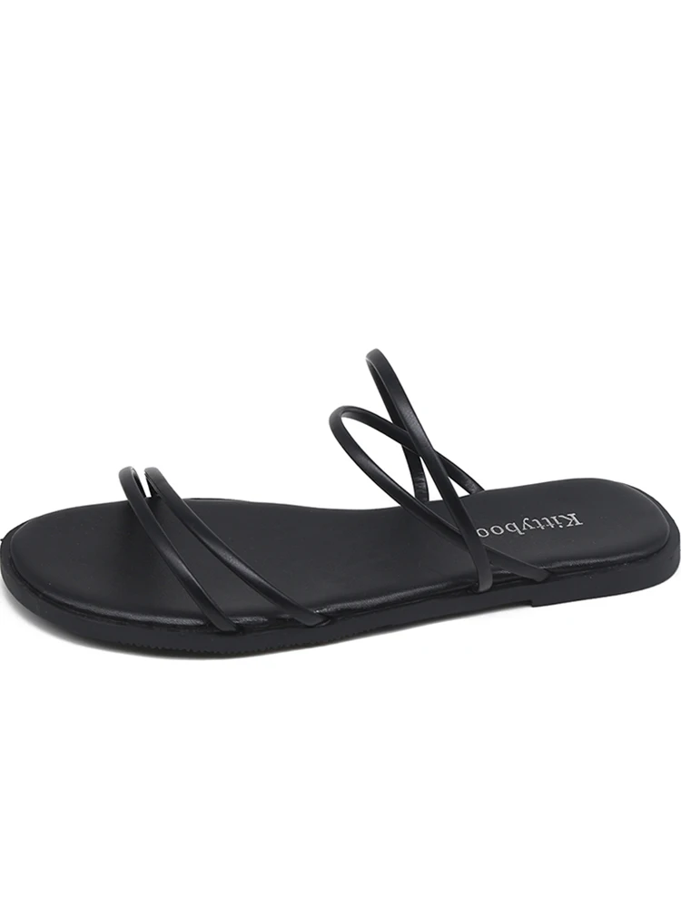 

Cross-Tied Slippers Soft Female Shoes Slides Low Fashion Comfort 2021 Flat Summer Luxury PU Rome Scandals Concise Rubber Basic N