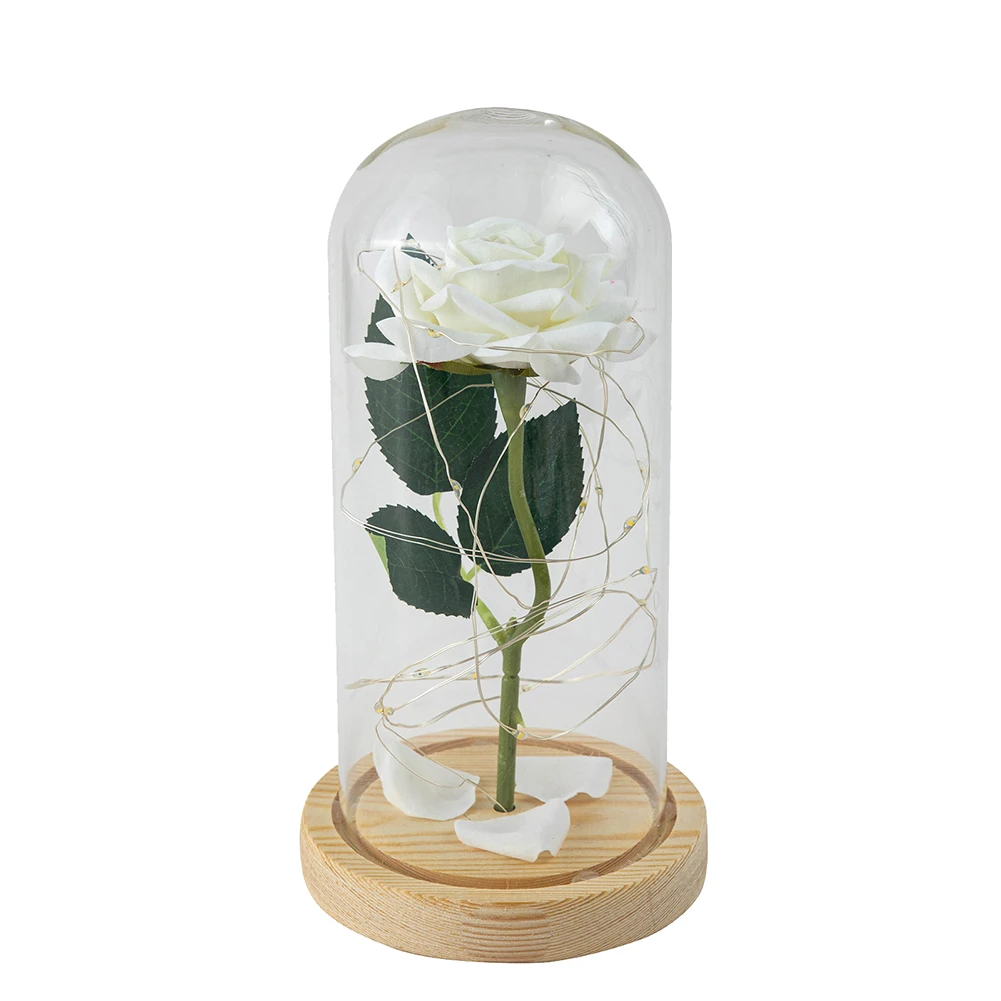 

Bedroom Beside Lamp Home Decor Artificial Eternal Rose in LED Light Glass Cover Luminous Preserved Flower Gifts