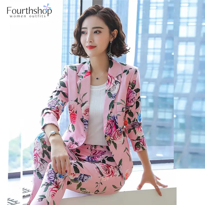 2021 модные брючные костюмы для женщин Цветочный принт элегантный деловой костюм