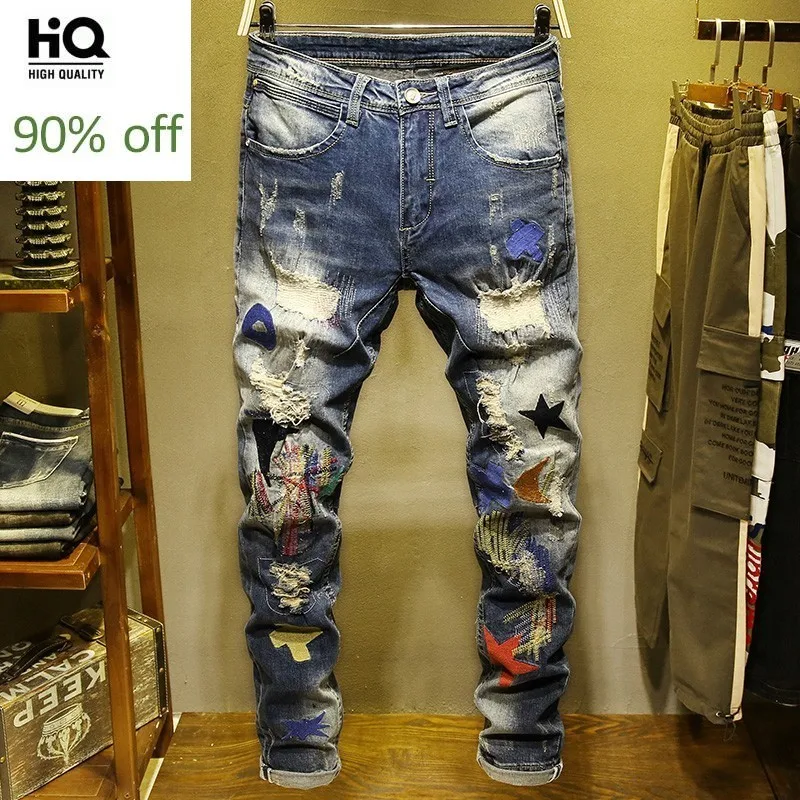 Индивидуальные зимние мужские рваные джинсовые штаны с вышивкой модные